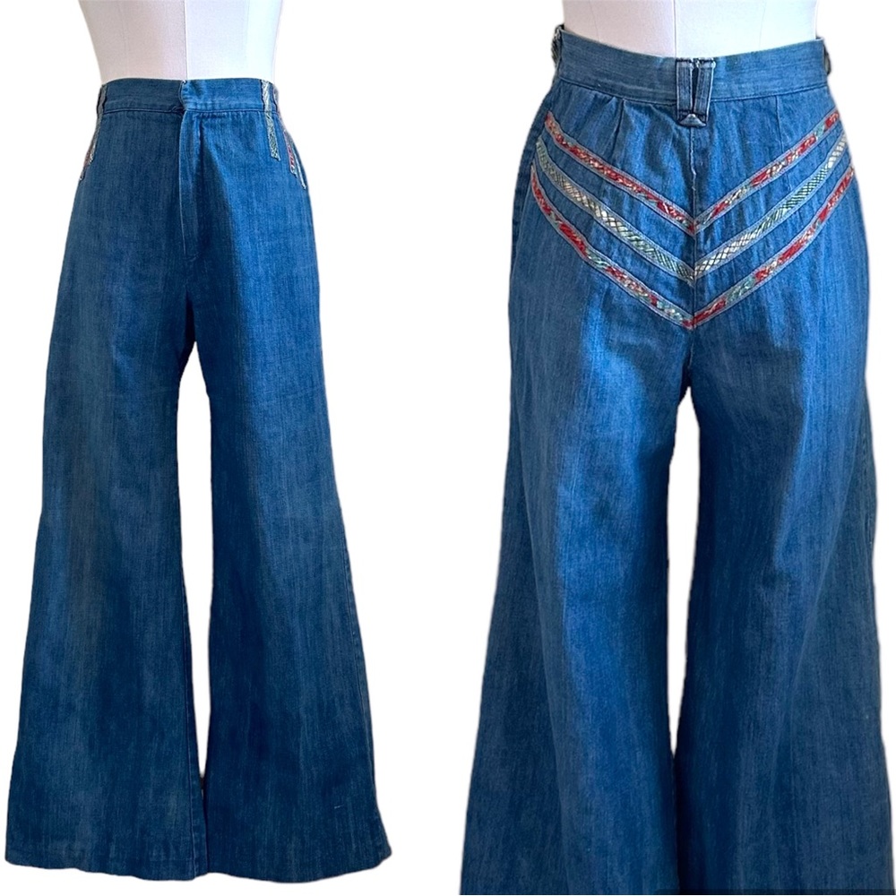 70s Vintage High Rise Wide Flare Leg Ribbon Boho Festival Jeans